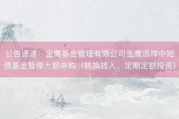 公告速递：金鹰基金管理有限公司金鹰添祥中短债基金暂停大额申购（转换转入、定期定额投资）